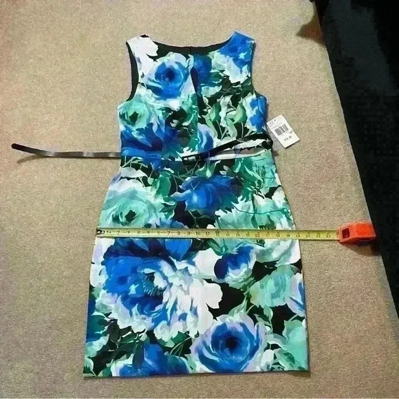 Connected Apparel NWT Blue Multi Floral Keyhole Belted Sheath Dress Size 10P - Picture 10 of 13